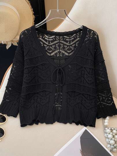 GlowEve CURVE Plus Size Elegant Hollow Out 3/4 Sleeve Round Neck Tie Bow Cardigan
