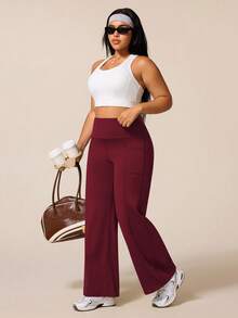 SHEIN Rhythm Era Plus Size Women High Waist Loose Solid Color Sports Leggings - Burgundy - View 7