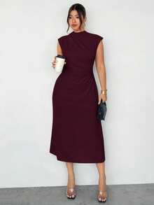 Firerie Plus Size Women's Elegant Ruched Cap Sleeve Split Hem Dress, Suitable For Dates Wedding And Formal Events Burgundy Summer - Red Violet - View 5