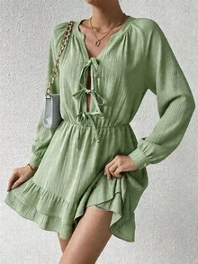 Breezaya Bộ áo liền quần có dây buộc nơ và viền bèo nhún - màu xanh lá - Xem 7