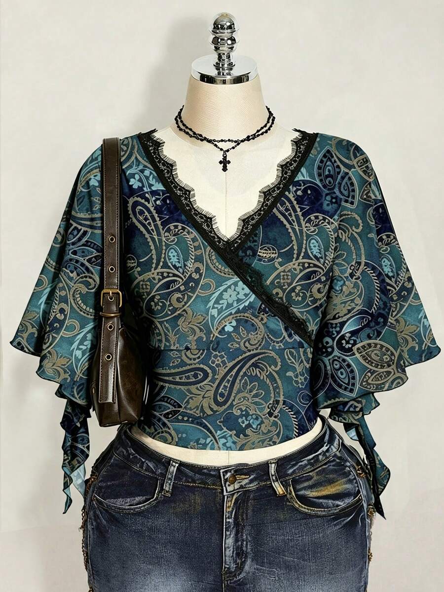 SHEIN ICON 休闲复古印花撞色蕾丝边大码女式蓝色T恤，时尚街头风，音乐节 - 彩色 - 查看 1