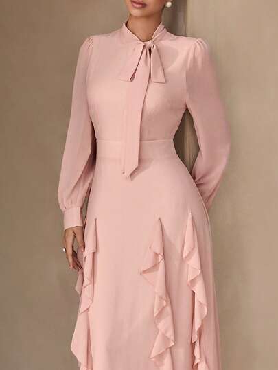 Graceveil Elegant Chiffon Ruffle Bow Tie Dress For Women