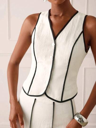 Lilora Áo kiểu nữ thanh lịch màu đen trắng phối chất liệu linen tencel, kiểu dáng cao cấp, đa năng, trang nhã, phù hợp cho đi làm, đi chơi, tụ họp, hẹn hò, dự tiệc, thư giãn, dã ngoại, kỳ nghỉ, mùa hè, các chuyến du lịch.