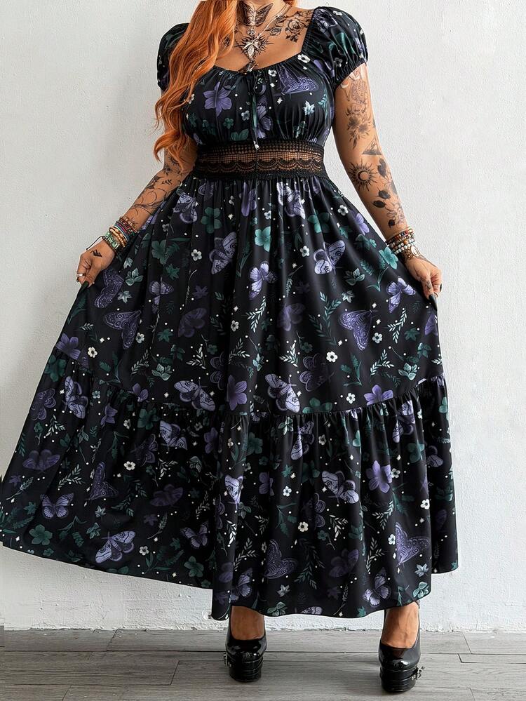 Whyspr Plus Size Women Dress,Black,Autumn,Goth,Night Out Club,Square Neck Ruched Drawstring Waist Elegant Ruffled Butterfly A-Line Punk Grunge - Multicolor - View 4