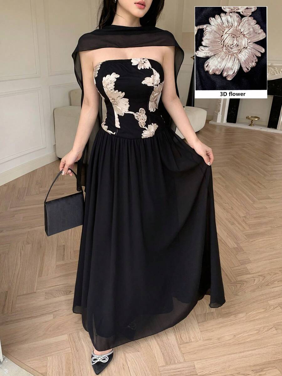 Modelyn Vestido negro con escote sin tirantes y lazo, con bordado floral elegante de gasa - Negro - Ver 1