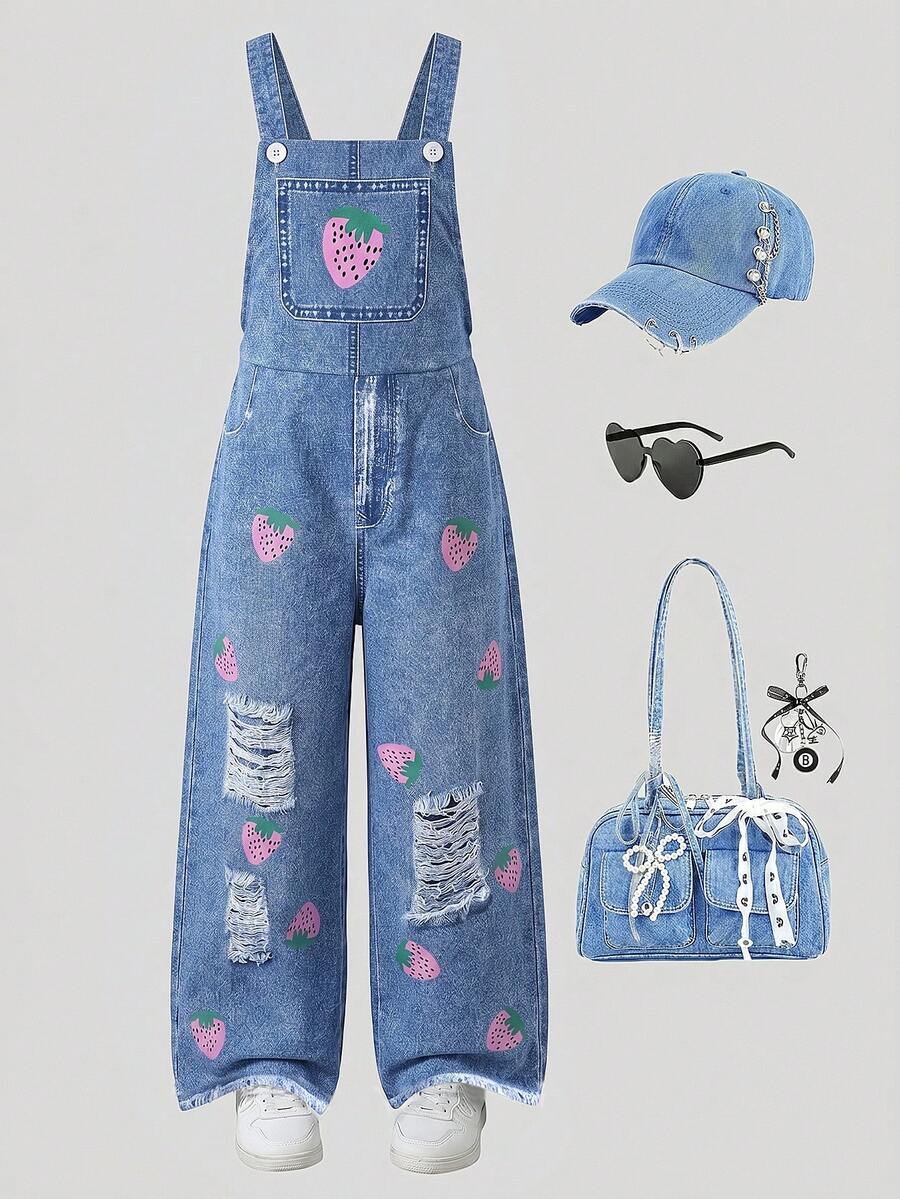 SHEIN Tween Girl Strawberry Pattern Pocket Strap Jumpsuit, Suitable For Daily School, Outdoor, Shopping, Casual Wear - Multicolor - View 1