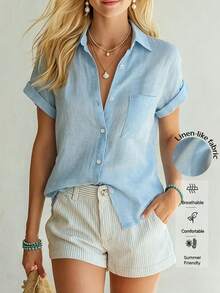 Selamara Camisa de negocios de mujer de bolsillo minimalista y de solapa única - Azul - Ver 1