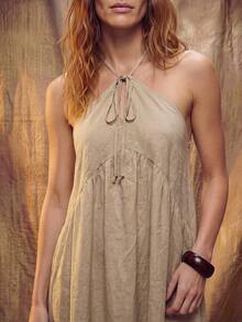 Fembélia Women's Simple Solid Color Backless Halter Neck Dress, Summer - Khaki - View 3