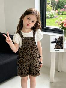 Kleine Mädchen Spielerischer & süßer Stil Kleinkind Latzhose, saisonal, kaffeebraun, schwarze Schleife Dekoration an den Seiten, braune Basis schwarzer Leoparden Muster Design, locker gerade Bein Latzhose, Cord Stoff, weich & bequem, geeignet für Schule, Pendeln, täglichen Outdoor-Einsatz - Kaffeebraun - Übersicht 8