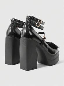 ROMWE Kawaii Giày cao gót đế xuồng kín mũi màu tối bóng bẩy gợi cảm dành cho nữ, phong cách Gothic Punk, có dây buộc, nơ và khóa kim loại co giãn ở mắt cá chân, thiết kế kín mũi, thích hợp cho hộp đêm, tiệc tùng, lễ hội. - màu đen - Xem 3