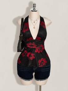 SHEIN ICON 大码女式波点花卉印花深V性感吊带背心 - 黑色 - 查看 4