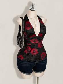 SHEIN ICON 大码女式波点花卉印花深V性感吊带背心 - 黑色 - 查看 5