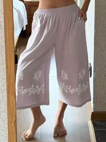 DAZY Bas de pyjama capri à jambes larges avec imprimé rétro pour femmes, convient pour les vacances à la plage - Mauve - Voir 10