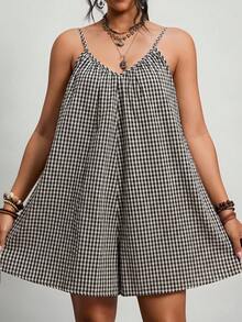 Freevana Plus Size Print Jumpsuit, Deep V-Neck Backless Tie Strap Colorful Retro Pattern Vacation Shorts For Women, New Arrival - Black and White - View 3