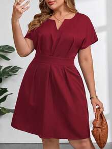 Clasi Vestido de verano elegante para mujer de talla grande con cuello con muesca y lazo en la cintura, vestidos de verano para mujer, vestido negro, vestido de graduación, vestidos fo - Burdeos - Ver 6