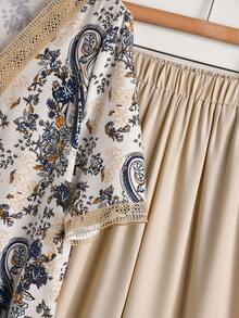 Rusticease Women's Floral Print Lace Patchwork V-Neck Blouse And Casual Pocket Long Pants Set,Elegant Summer Holiday Vacation Outfits,Birthday Wedding Outfits - Khaki - View 5