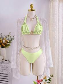 Swim Chiccia Bộ bikini hai mảnh gợi cảm, thanh lịch, cổ điển, lãng mạn, thích hợp mặc đi biển/hẹn hò cho nữ, với dây đeo dày, thiết kế xếp ly, màu sắc trung tính, đồ bơi bikini nữ. - Màu xanh Bạc hà - Xem 5
