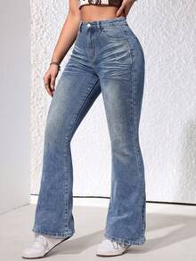 SHEIN Quần jeans ống loe cạp trung cho nữ, quần denim thường ngày và đi nghỉ mát. - Rửa trung bình - Xem 4