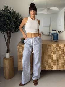 Marta Soriano 粉色 100% 纯棉低腰抽绳直筒裤，女士时尚休闲家居服，春季 - 寶藍色 - 查看 5