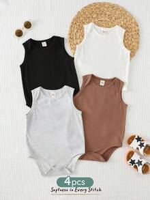 Cozy Pixies Bộ 4 món áo liền quần dệt kim màu trơn dễ thương, phù hợp cho mùa hè, dành cho cả bé trai và bé gái. - trắng - Xem 8
