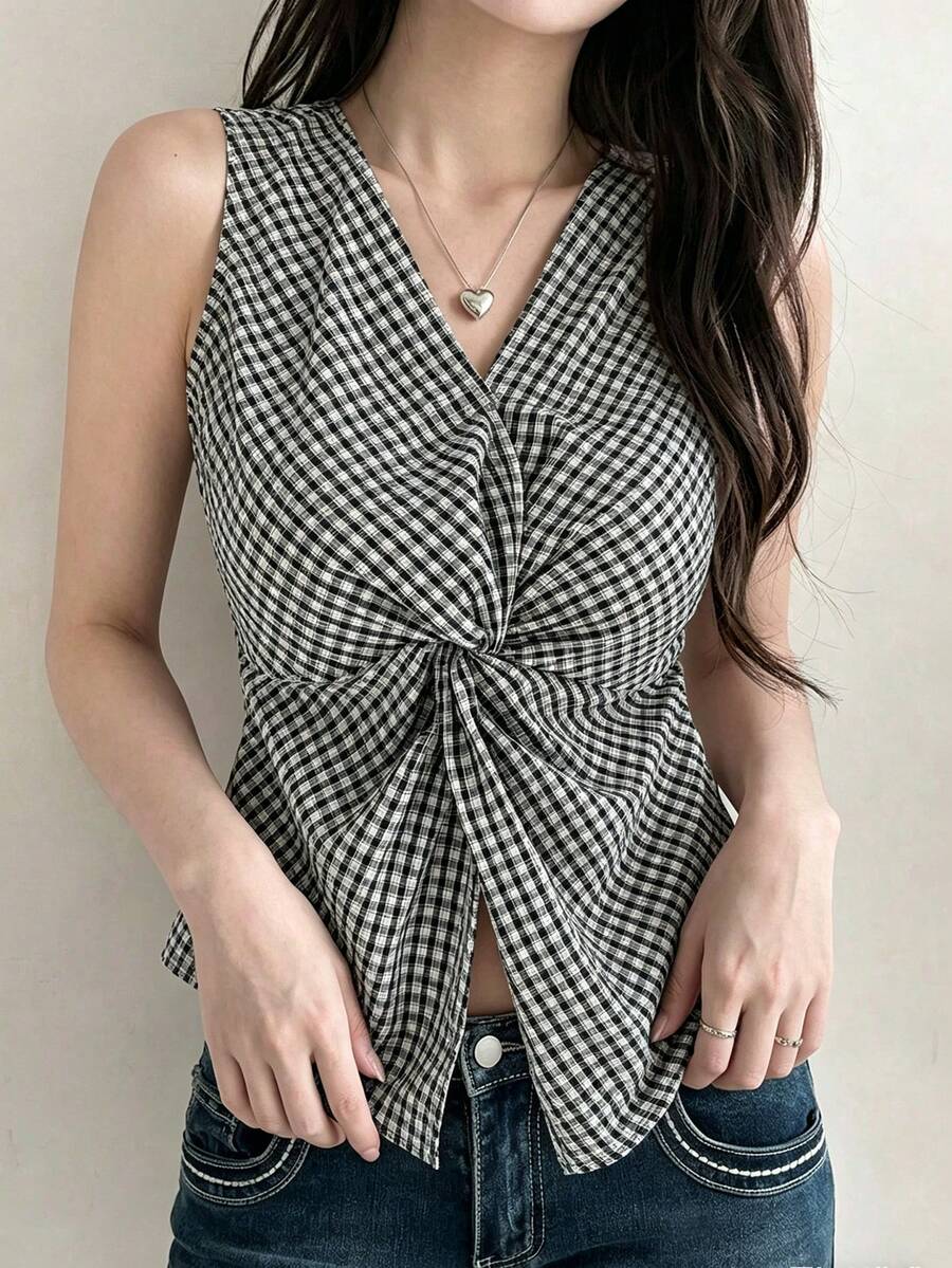 DAZY Áo vest nữ mùa hè, kiểu dáng thường ngày, cổ chữ V, họa tiết kẻ caro, không tay, thích hợp cho kỳ nghỉ. - màu đen - Xem 1