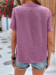 EMERY ROSE Solid Color Notched Collar Casual Short Sleeve Shirt, Summer - Purple - View 2