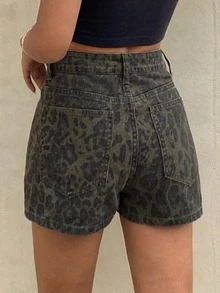 DAZY Women's Leopard Print Casual Denim Shorts - Army Green - View 6