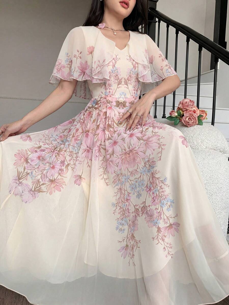 Modelyn 女士V领披肩式设计收腰喇叭形印花雪纺连衣裙 - 彩色 - 查看 1