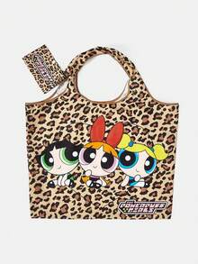 THE POWERPUFF GIRLS X SHEIN 1 件装，豹纹印花休闲女警图案折叠购物袋，大容量防水手提袋。 - 多色2 - 查看 2