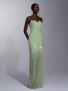 Elitara Elegant Formal Queen Sage Green Wavy Knit Patchwork Long Dress Handmade Beaded Tassel Floral Decor Party Prom Vow Wedding Winter - Green - View 5