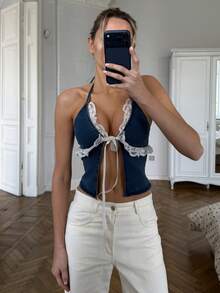 DAZY Top de tirantes de mujer de estilo bohemio, elegante y casual para vacaciones, con encaje y parches, ideal para primavera y verano - Azul - Ver 8