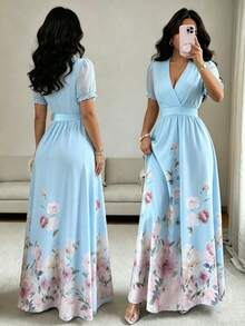 SHEIN Raffinéa Đầm nữ cổ chữ V thanh lịch kiểu Pháp, đầm dài nữ, đầm mini chiffon tay phồng nữ, đầm dài lãng mạn nữ, đầm màu xanh nhạt nữ, đầm in hoa nữ, đầm đi nghỉ hè nữ, đầm duyên dáng nữ, đầm xòe thắt eo nữ - Màu xanh nhạt - Xem 1