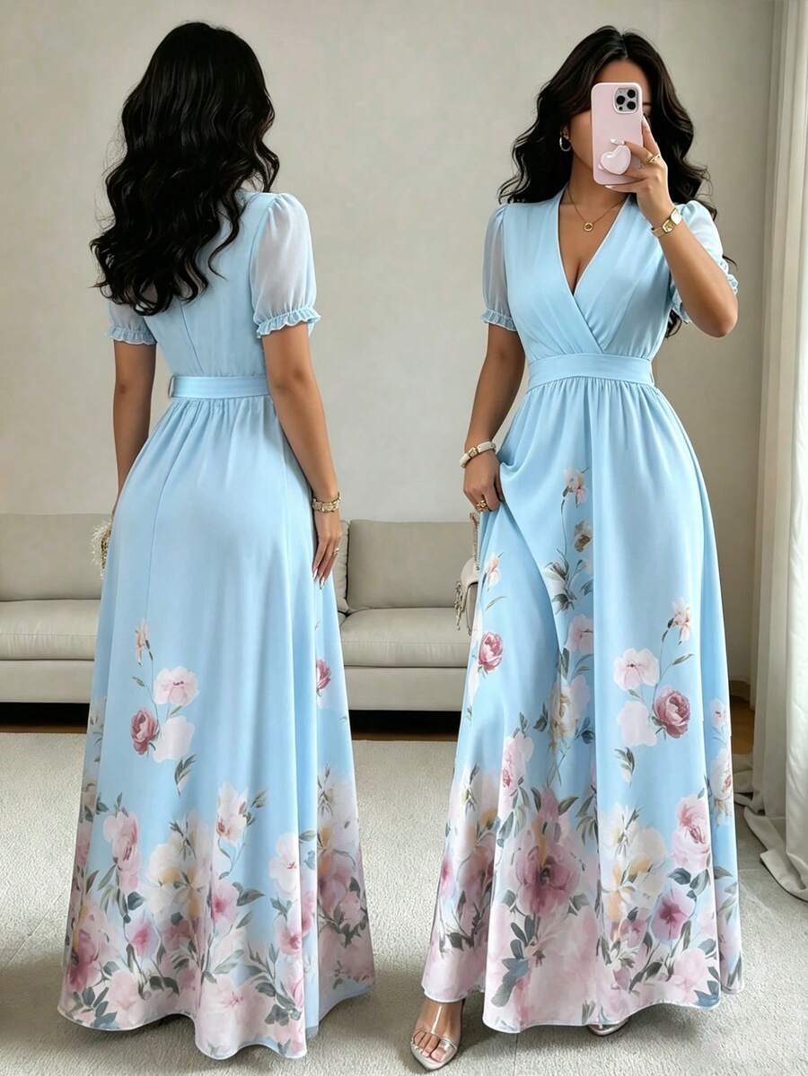 SHEIN Raffinéa Đầm nữ cổ chữ V thanh lịch kiểu Pháp, đầm dài nữ, đầm mini chiffon tay phồng nữ, đầm dài lãng mạn nữ, đầm màu xanh nhạt nữ, đầm in hoa nữ, đầm đi nghỉ hè nữ, đầm duyên dáng nữ, đầm xòe thắt eo nữ - Màu xanh nhạt - Xem 1
