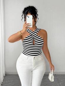 Elenzga Regata Elegante de Malha Texturizada com Gola Transpassada, Cintura Marcada, Listrada em Vermelho e Branco, Plus Size, Ideal para Primavera/Verão, Volta às Aulas, Férias, Formatura, Feriados, Dia dos Namorados, Natal, Festivais de Música, Dia das Mães, Halloween, Ação de Graças, Páscoa, Dia Nacional, Danças, Aniversários, Encontros, Festas, Casamentos, Atividades ao Ar Livre - Preto e Branco - Visão 3
