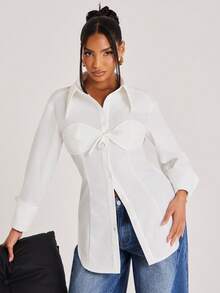 NYA SZN Top Tie Front Seaming Long Sleeve Collared Button Up Blouse Bust Bra Detail Outfits For Women - White - View 4
