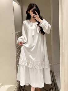 DAZY Camisón largo y holgado de mujer con lazo de satén estilo princesa dulce, con adorno de encaje de color contrastante en capas - Blanco - Ver 3