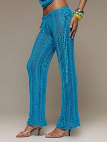 MUSERA Pantalones rectos de pierna con lazo lateral, de punto con lentejuelas, para vacaciones de verano, festivales, raves, playa y carnaval - Azul - Ver 3
