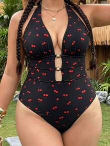 Swim Mod 大码樱桃印花连体泳衣，甜美欧美风 - 彩色 - 查看 4