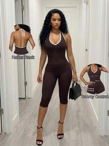 BamGleam Bộ jumpsuit ôm sát gợi cảm không đường may SHEIN, kiểu cổ yếm hở lưng, cổ chữ V sâu. - Màu nâu  Mocha - Xem 7