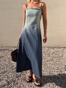 DAZY Đầm denim nữ dáng suông, kiểu dáng thường ngày, màu ombre, viền rách, thích hợp cho mùa hè. - Rửa trung bình - Xem 7