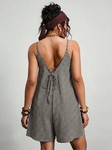 Freevana Plus Size Print Jumpsuit, Deep V-Neck Backless Tie Strap Colorful Retro Pattern Vacation Shorts For Women, New Arrival - Black and White - View 2