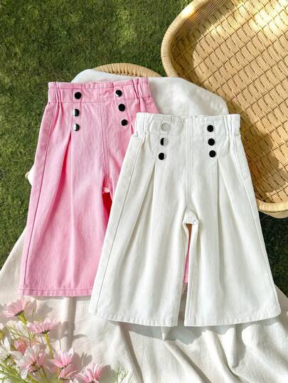 2件套女婴白色粉色牛仔宽松荷叶边裤