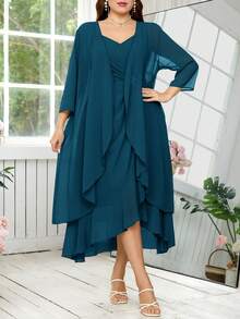 Reflora Gaun Pesta Elegan Wanita Ukuran Besar dengan Hiasan Berlian Imitasi, Atasan Camisole dan Jaket Luar Ringan Transparan, Set 2 Potong - Teal Blue - View 7