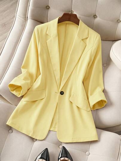 EMERY ROSE Blazer amarillo de talla grande con decoración de bolsillo falso