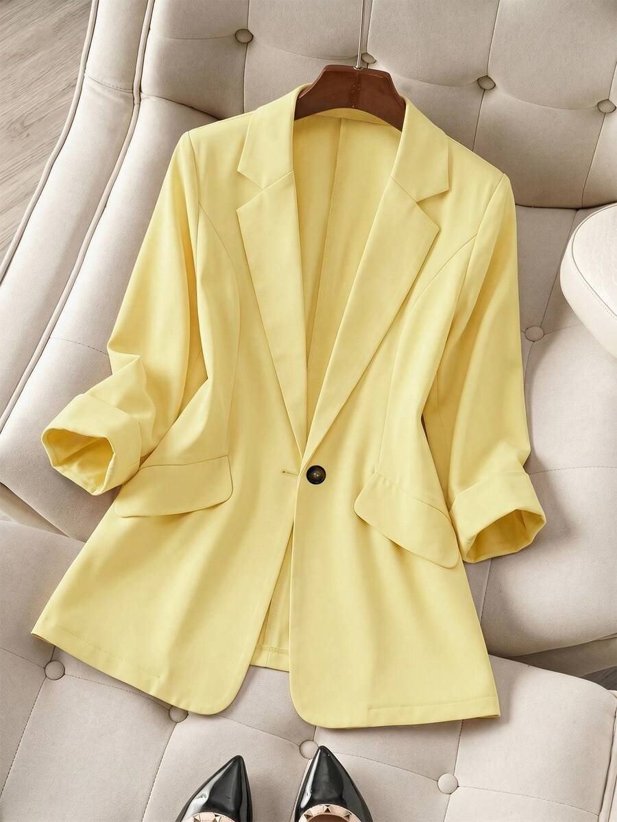EMERY ROSE Plus Size Yellow Blazer With Faux Pocket Decor - Yellow - View 1
