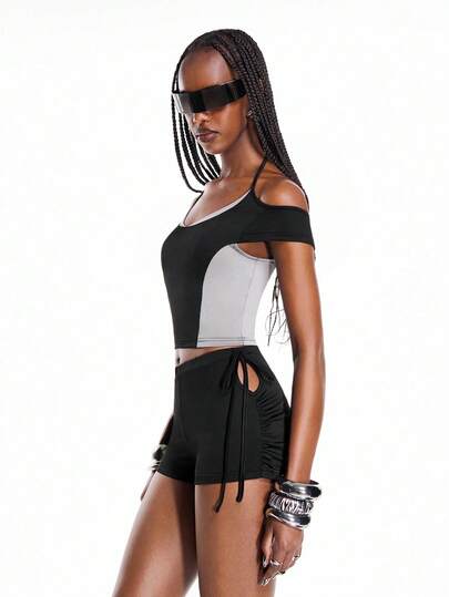 Airlisse Conjunto de 2 piezas de top halter corto y shorts casuales de color contrastante para mujer