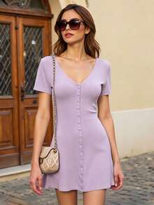 Vestido de punto de línea A con cintura ceñida y escote en V, estilo francés - Morado - Ver 2
