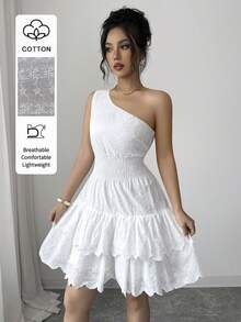 Modelyn Đầm ngắn kiểu Pháp thêu lỗ, vai lệch, dáng xòe. - trắng - Xem 7