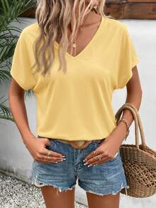 SHEIN Frenchy Casual Solid Color Batwing Sleeve T-Shirt, Versatile For Summer,Summer Top - Yellow - View 4