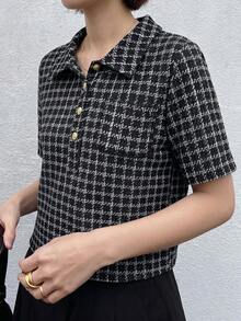FRIFUL 女士修身 Polo 领金属纽扣装饰短袖 T 恤，夏季 - 黑色 - 查看 4